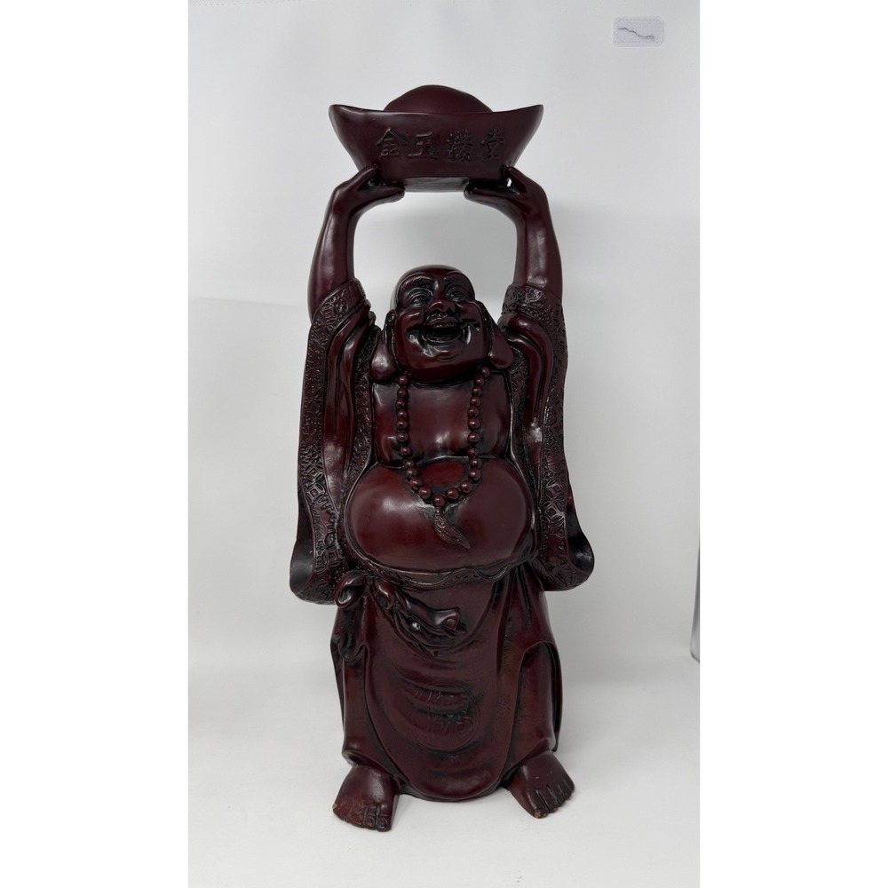 VINTAGE Large Red Resin Laughing Buddha Statue Feng Shui Wealth Gold Ingot